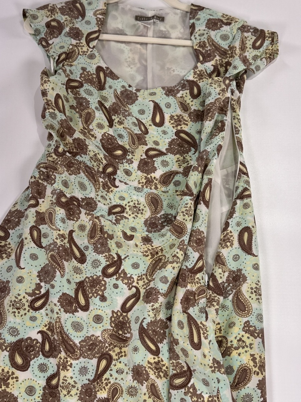 Isabella Bird Fit And Flare Dress Cap Sleeve Silk Paisley Mint Brown 8P - Picture 3 of 12